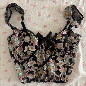 Victoria's Secret Black Bustier Top with Floral Embroidery